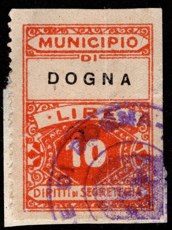 Marca da Bollo del Comune di DOGNA su Carta Bianca Sottile di dimensioni 22,5 X 33 mm