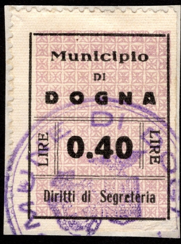 Marca da Bollo del Comune di DOGNA su Carta Bianca Sottile di dimensioni 22,5 X 33 mm