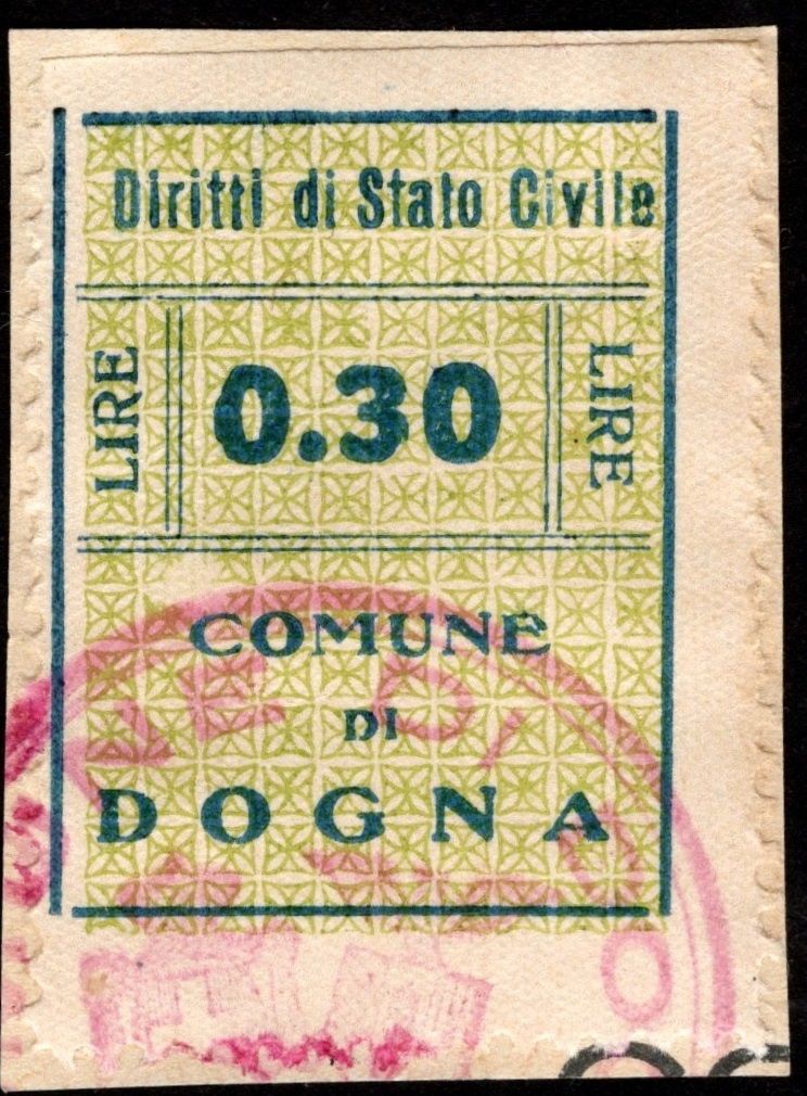 Marca da Bollo del Comune di DOGNA su Carta Bianca Sottile di dimensioni 22,5 X 33 mm