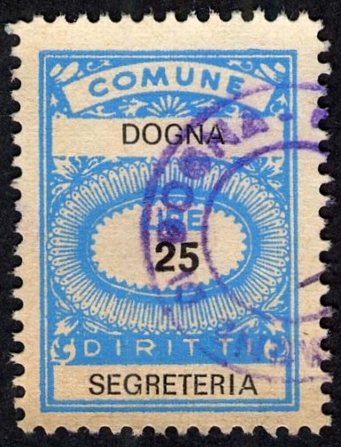 Marca da Bollo del Comune di DOGNA su Carta Bianca di dimensioni 20 x 78 mm