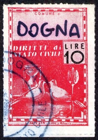 Marca da Bollo del Comune di DOGNA su Carta Bianca Sottile di dimensioni 21,5 x 32 mm