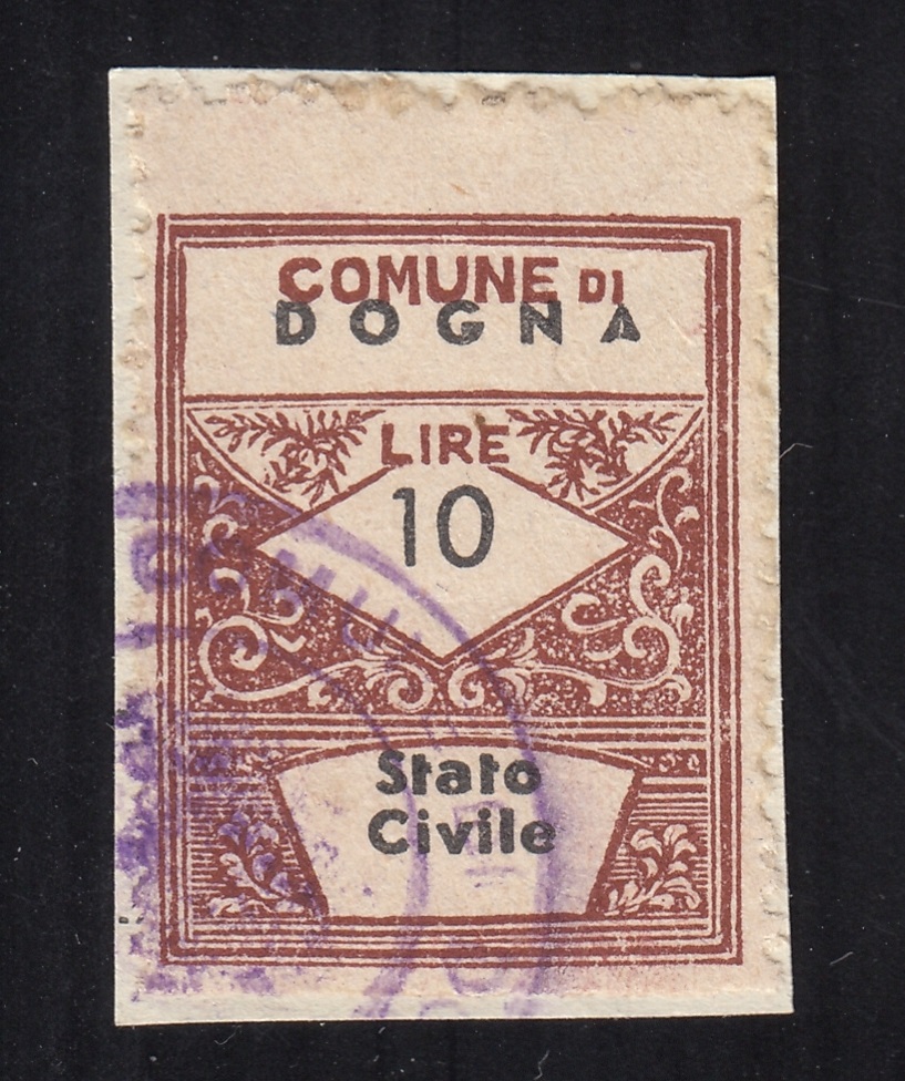Marca da Bollo del Comune di DOGNA su Carta Bianca Sottile di dimensioni 21,5 x 32 mm