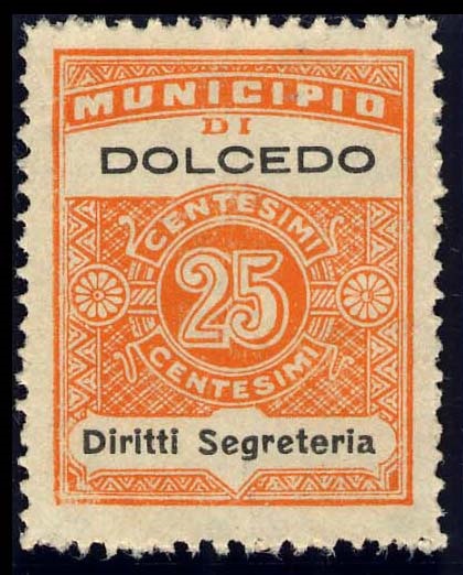 Marca da Bollo del Comune di DOLCEDO su Carta Bianca di dimensioni 22,5 x 29 mm