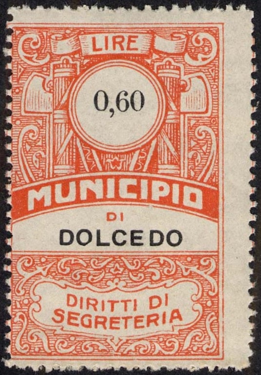 Marca da Bollo del Comune di DOLCEDO su Carta Bianca Sottile di dimensioni 28 x 43 mm