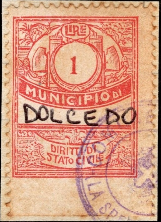 Marca da Bollo del Comune di DOLCEDO su Carta Bianca Sottile di dimensioni 28 x 43 mm