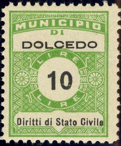 Marca da Bollo del Comune di DOLCEDO su Carta Bianca di dimensioni 22,5 x 29 mm