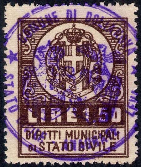 Marca da Bollo del Comune di DOLIANOVA su Carta Bianca Sottile di dimensioni 24,5 x 31,5 mm