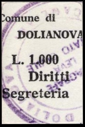 Marca da Bollo del Comune di DOLIANOVA su Carta Bianca di dimensioni 15 x 17 mm
