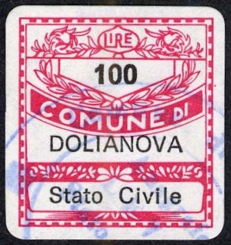 Marca da Bollo del Comune di DOLIANOVA su Carta Bianca di dimensioni 19 x 21 mm