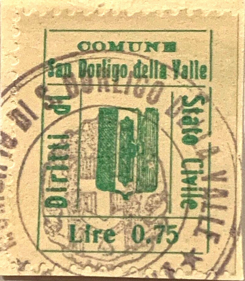 Marca da Bollo del Comune di SAN DORLIGO DELLA VALLE su Carta Bianca Sottile di dimensioni 23,5 x 28,5 mm