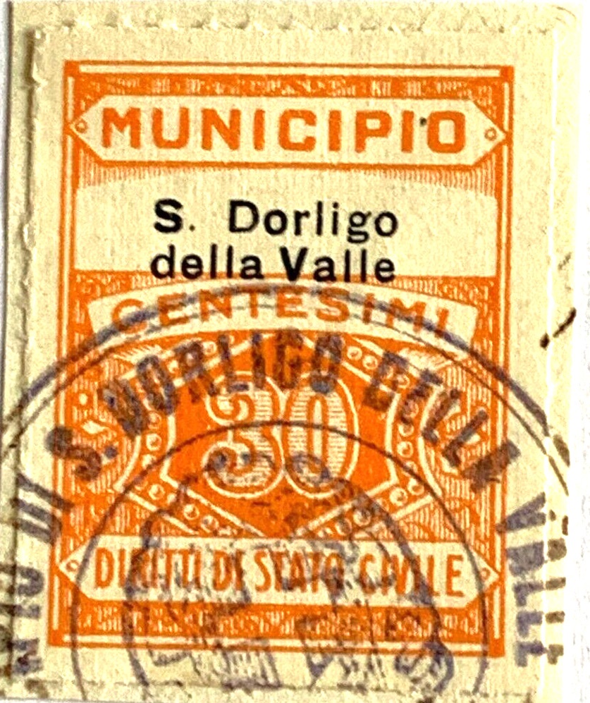 Marca da Bollo del Comune di SAN DORLIGO DELLA VALLE su Carta Bianca di dimensioni 24 x 31 mm