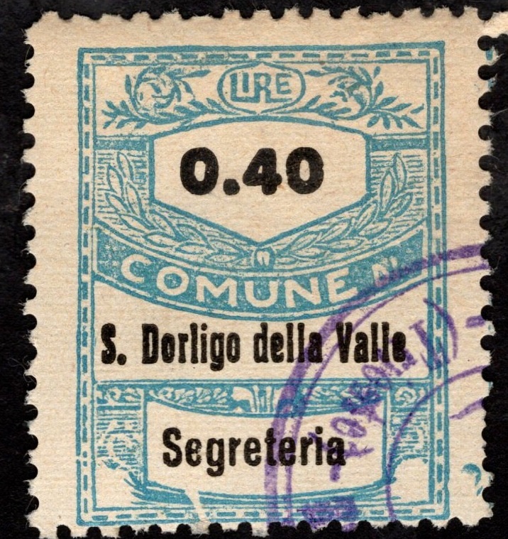 Marca da Bollo del Comune di SAN DORLIGO DELLA VALLE su Carta Bianca di dimensioni 21,5 x 28 mm