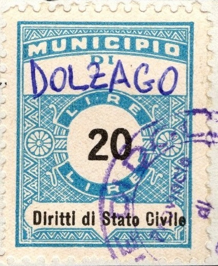 Marca da Bollo del Comune di DOLZAGO su Carta Bianca Sottile di dimensioni 23,5 X 30 mm