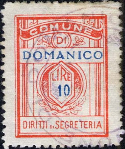 Marca da Bollo del Comune di DOMANICO su Carta Bianca Sottile di dimensioni 21 x 27,5 mm