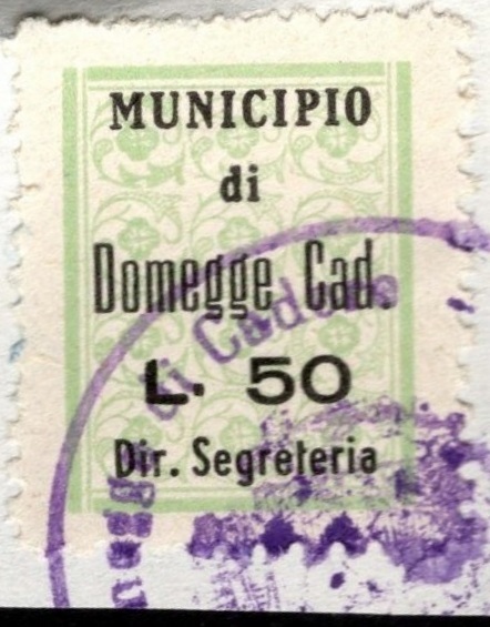 Marca da Bollo del Comune di DOMEGGE DI CADORE su Carta Bianca di dimensioni 15,5 x 20 mm