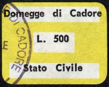 Marca da Bollo del Comune di DOMEGGE DI CADORE su Carta Bianca di dimensioni 28 x 18 mm