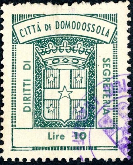 Marca da Bollo del Comune di DOMODOSSOLA su Carta Bianca di dimensioni 24,5 x 32 mm