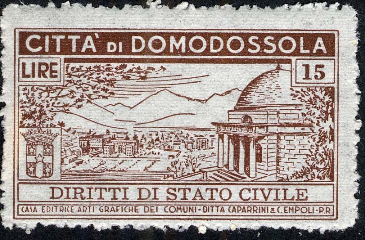 Marca da Bollo del Comune di DOMODOSSOLA su Carta Bianca di dimensioni 45 x 27 mm