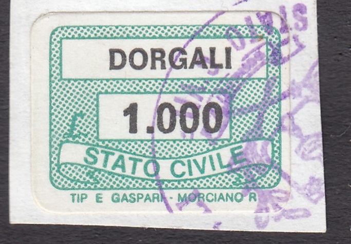 Marca da Bollo del Comune di DORGALI su Carta Bianca di dimensioni 18,5 x 14 mm