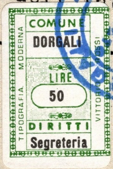 Marca da Bollo del Comune di DORGALI su Carta Bianca di dimensioni 19,5 x 28,5 mm