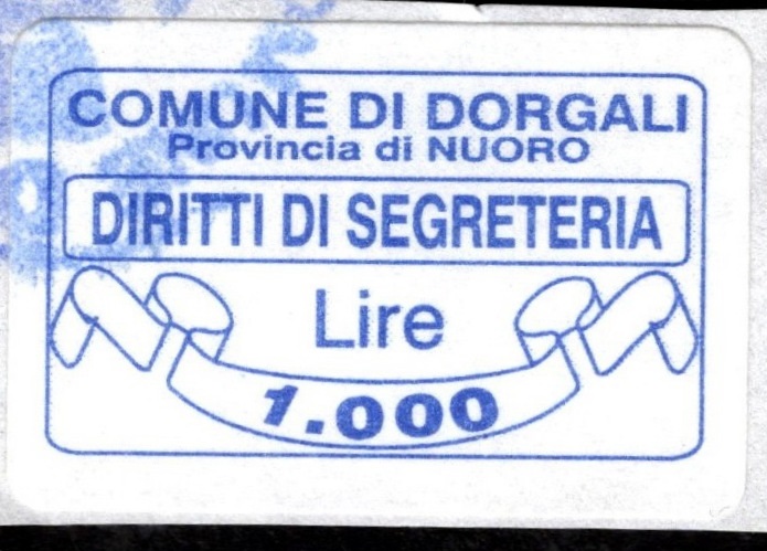 Marca da Bollo del Comune di DORGALI su Carta Bianca di dimensioni 25 x 14 mm