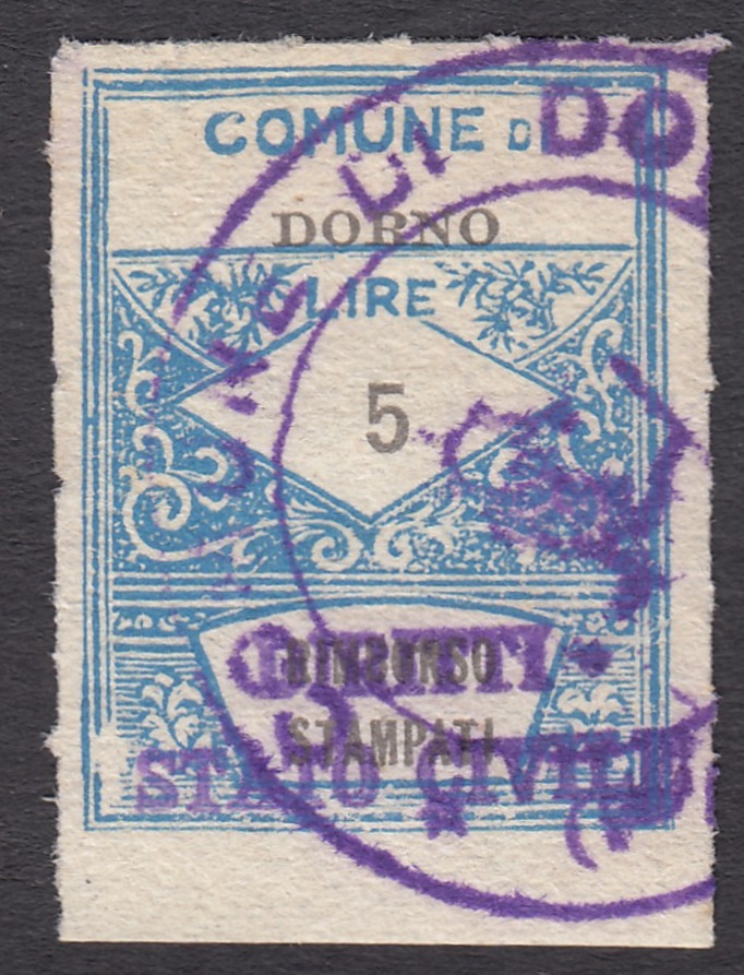 Marca da Bollo del Comune di DORNO su Carta Bianca Sottile di dimensioni 21,5 x 28 mm