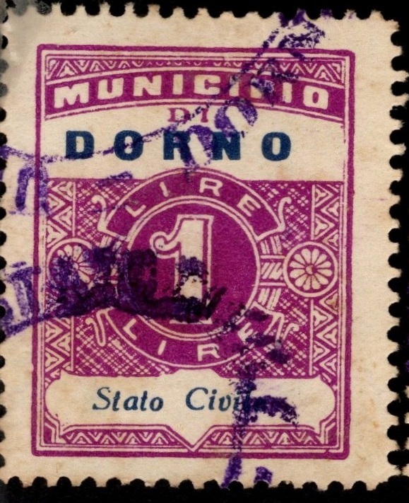 Marca da Bollo del Comune di DORNO su Carta Bianca Sottile di dimensioni 21,5 x 28 mm