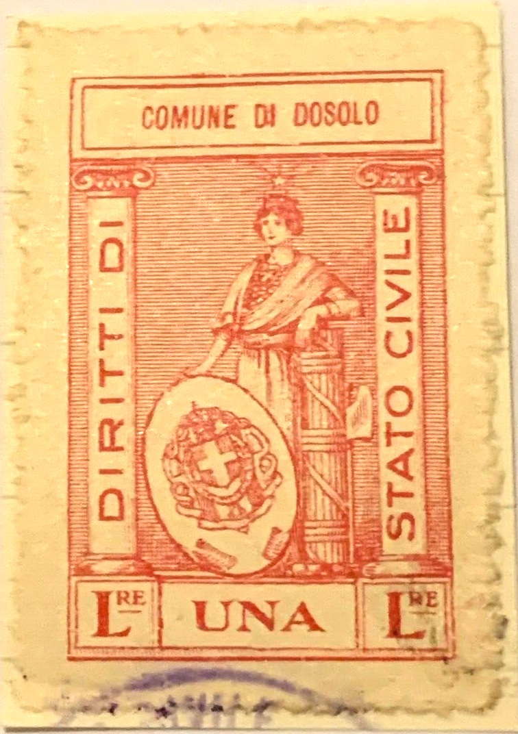 Marca da Bollo del Comune di DOSOLO su Carta Bianca di dimensioni 21 x 32,5 mm