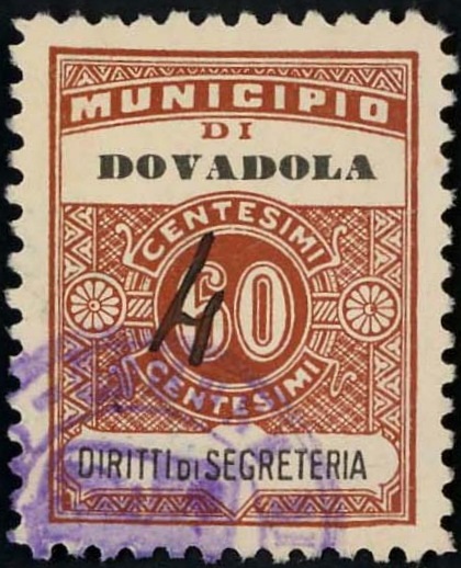 Marca da Bollo del Comune di DOVADOLA su Carta Bianca Sottile di dimensioni 22,5 x 29 mm