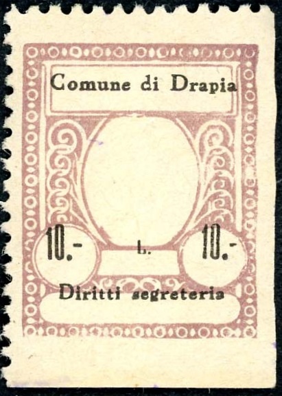 Marca da Bollo del Comune di DRAPIA su Carta Bianca Sottile di dimensioni 23,5 x 29,5 mm