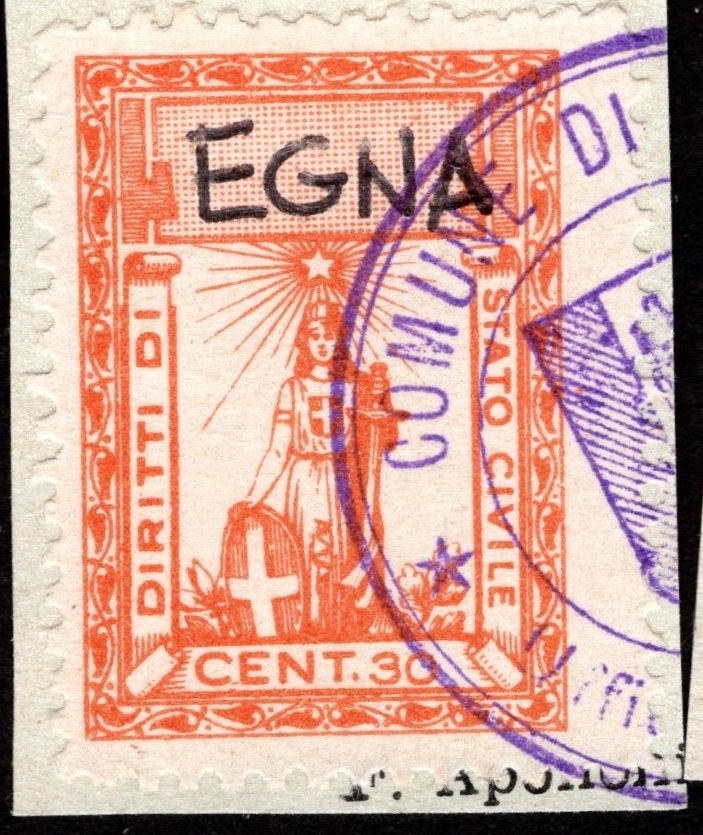Marca da Bollo del Comune di EGNA su Carta Bianca di dimensioni 22 x 32 mm
