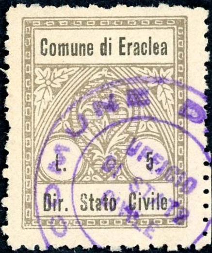 Marca da Bollo del Comune di ERACLEA su Carta Bianca di dimensioni 21,5 x 27 mm
