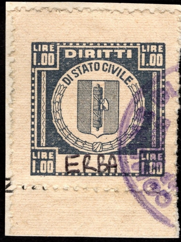 Marca da Bollo del Comune di ERBA su Carta Bianca di dimensioni 23 x 29 mm