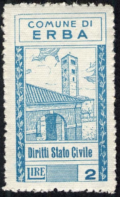 Marca da Bollo del Comune di ERBA su Carta Bianca Sottile di dimensioni 21,5 x 40 mm