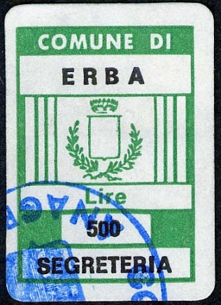 Marca da Bollo del Comune di ERBA su Carta Bianca di dimensioni 17,5 x 25,5 mm