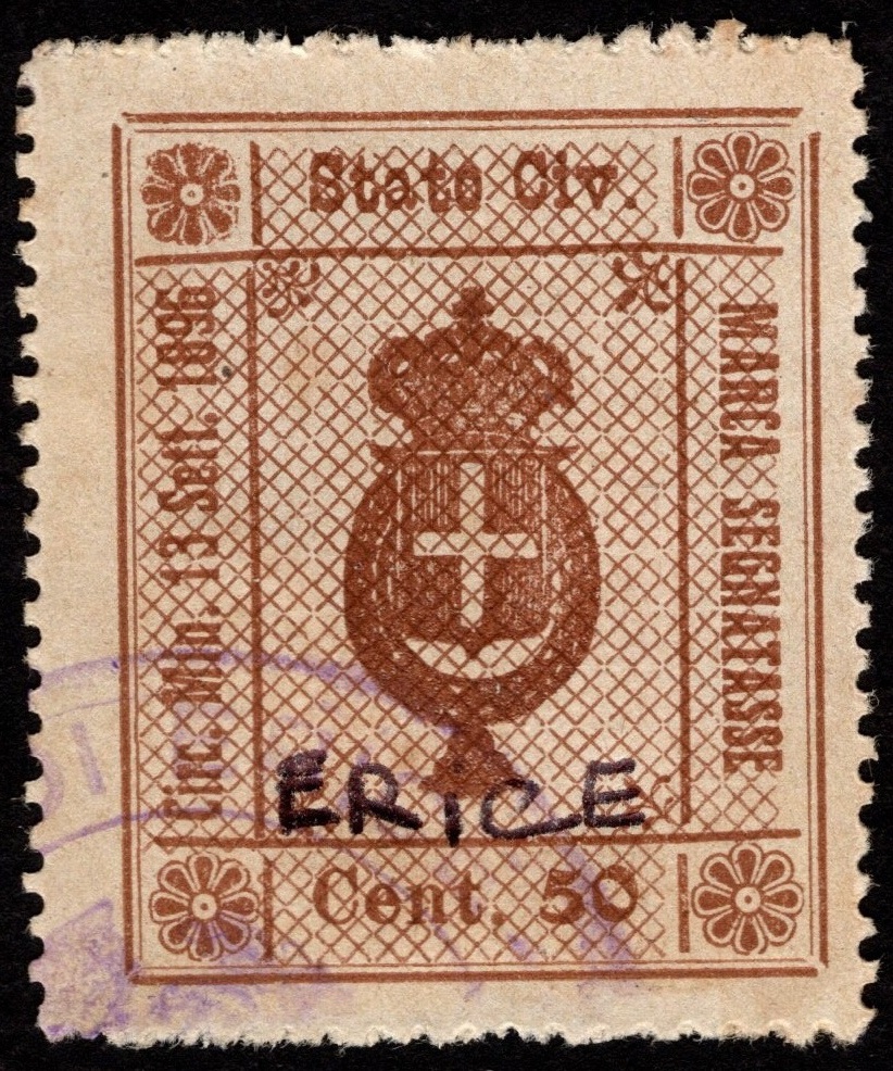Marca da Bollo del Comune di ERICE (MONTE SAN GIULIANO) su Carta Bianca Sottile di dimensioni 21 x 29 mm