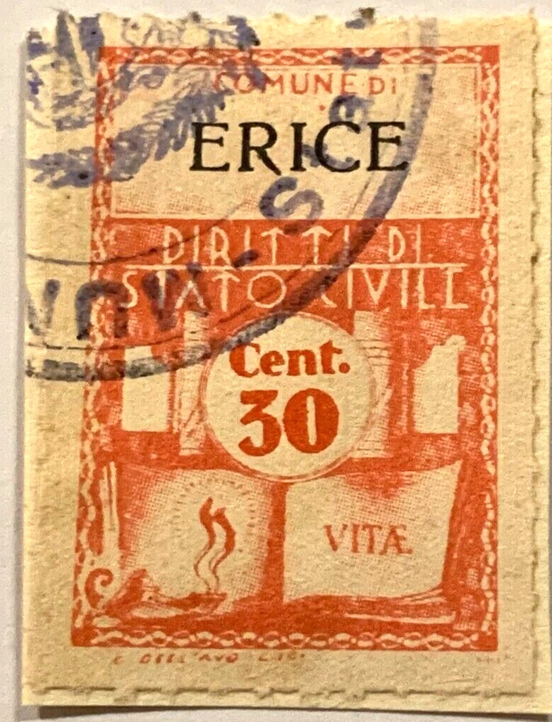 Marca da Bollo del Comune di ERICE (MONTE SAN GIULIANO) su Carta Bianca Sottile di dimensioni 21 x 31 mm