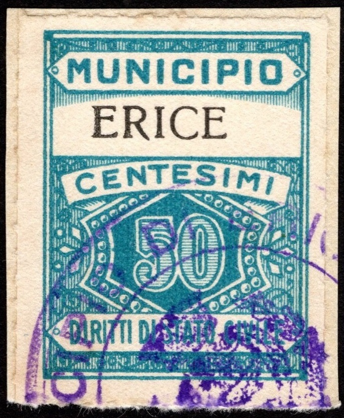 Marca da Bollo del Comune di ERICE (MONTE SAN GIULIANO) su Carta Bianca di dimensioni 22 x 28 mm