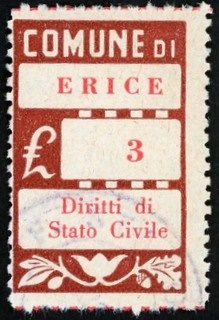 Marca da Bollo del Comune di ERICE (MONTE SAN GIULIANO) su Carta Bianca di dimensioni 21 x 34 mm