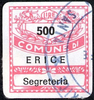 Marca da Bollo del Comune di ERICE (MONTE SAN GIULIANO) su Carta Bianca di dimensioni 19,5 x 21 mm