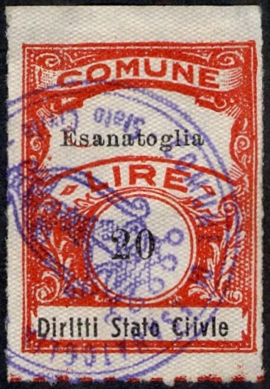 Marca da Bollo del Comune di ESANATOGLIA su Carta Bianca Sottile di dimensioni 22,5 x 29 mm
