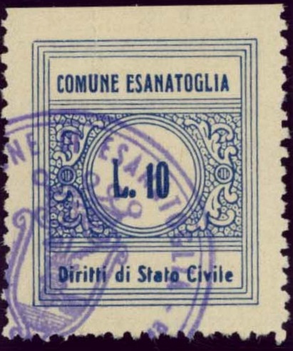 Marca da Bollo del Comune di ESANATOGLIA su Carta Bianca di dimensioni 22 x 25,5 mm