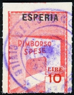 Marca da Bollo del Comune di ESPERIA su Carta Bianca di dimensioni 19,5 x 28,5 mm