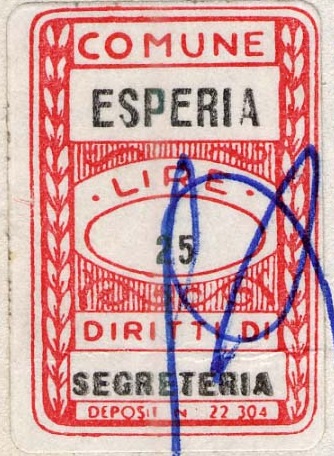 Marca da Bollo del Comune di ESPERIA su Carta Bianca di dimensioni 20 x 30 mm