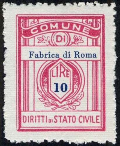 Marca da Bollo del Comune di FABRICA DI ROMA su Carta Bianca di dimensioni 21 x 27,5 mm