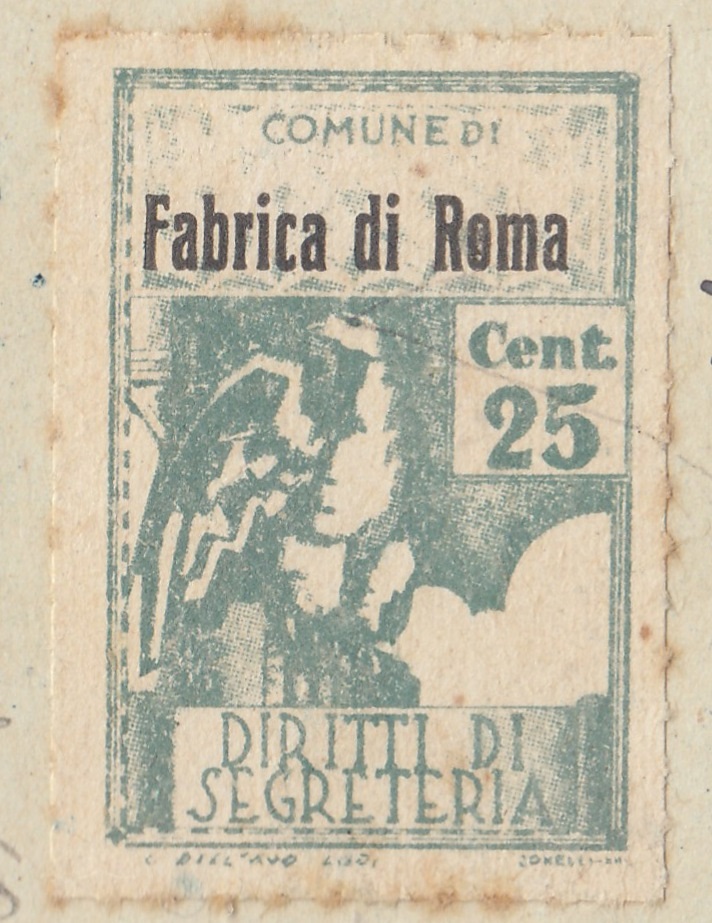 Marca da Bollo del Comune di FABRICA DI ROMA su Carta Bianca Sottile di dimensioni 21 x 33 mm