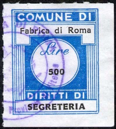 Marca da Bollo del Comune di FABRICA DI ROMA su Carta Bianca di dimensioni 20 x 25 mm