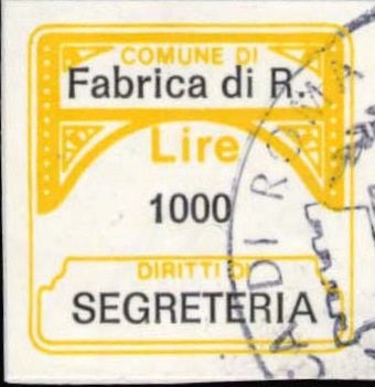 Marca da Bollo del Comune di FABRICA DI ROMA su Carta Bianca di dimensioni 20 x 20 mm