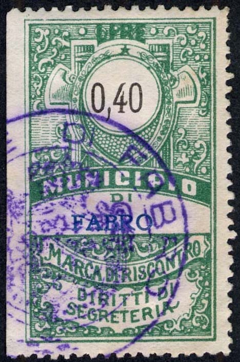 Marca da Bollo del Comune di FABRO su Carta Bianca Sottile di dimensioni 26 x 43,5 mm