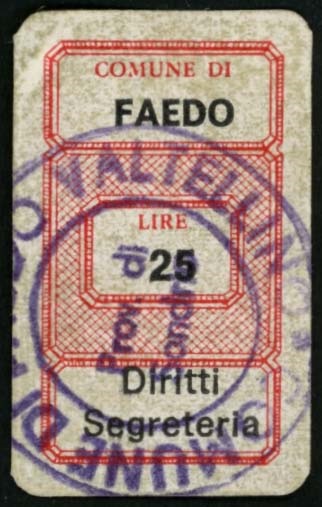 Marca da Bollo del Comune di FAEDO VALTELLINO su Carta Bianca di dimensioni 12 x 30 mm